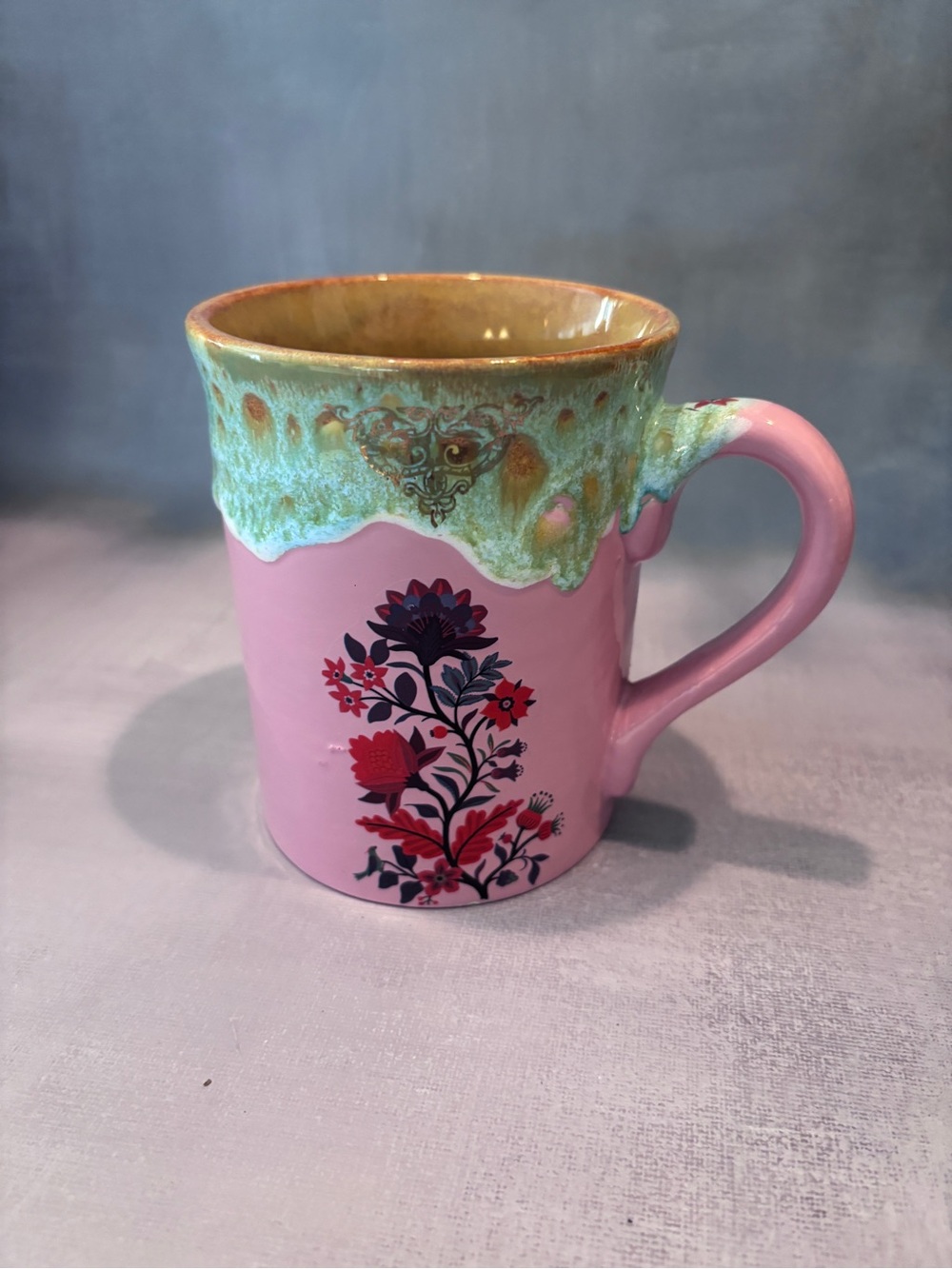 Handmade Pink Ceramic Floral Mug with Green Glazed Rim